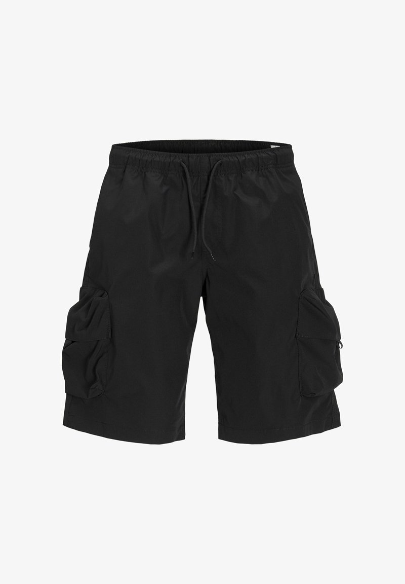 Schwarze Cargo-Shorts mit elastischem Bund, Kordelzugverschluss und zwei großen Seitentaschen. Glattes Material mit leichter Textur.