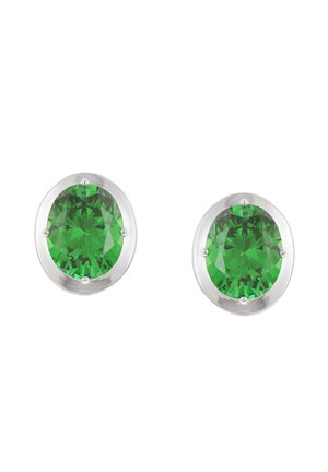 Paar ovale grüne Edelstein-Ohrstecker in Silberfassung auf weißem Hintergrund.