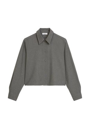 Graues, tailliertes Langarmshirt mit Knopfleiste, vertikalen Streifen und klassischem Kragen, aus weichem Material gefertigt.
