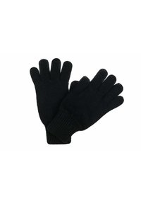 Svarta stickade vantar med ribbad mudd och individuella fingrar. Materialet verkar mjukt och strukturerat, lämpligt för kallt väder.