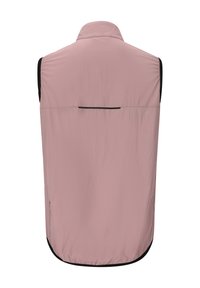 Leichte ärmellose Weste in sanftem Rosa mit hohem Kragen und schwarzem Besatz. Verfügt über eine dezente Rückentasche und einen glatten, strukturierten Stoff.