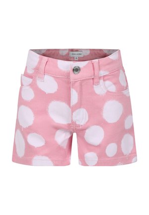 Roze denim shorts met grote witte stippen, vijf-pocket ontwerp en een metalen knoop aan de voorkant. Textuurstof met een lichte glans.