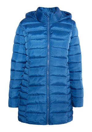 Kék puffertáska kapucnival, steppelt mintával, sima tapintással, teljes hosszúságú cipzárral és enyhén megnyúlt formával.