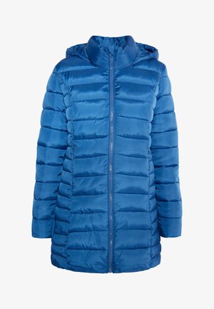 Kék puffertáska kapucnival, steppelt mintával, sima tapintással, teljes hosszúságú cipzárral és enyhén megnyúlt formával.