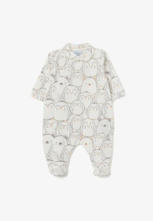 Romper met lange mouwen in zacht wit fleece, voorzien van een herhalend pinguïnpatroon met grijze en oranje accenten. Voetjesontwerp voor extra warmte.