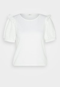 Top blanco de manga corta con tejido texturizado, mangas abullonadas con acentos de volantes y escote redondo.