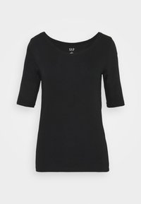 Svart kortärmad topp med bred rund halsringning. Tillverkad av mjukt, elastiskt tyg. Enkelt design utan mönster eller dekorationer.