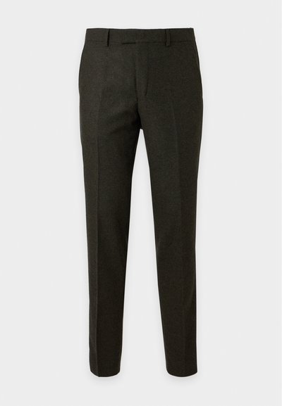 Dark gray slim-fit men's trousers with belt loops and a flat front, displayed on a plain light background.