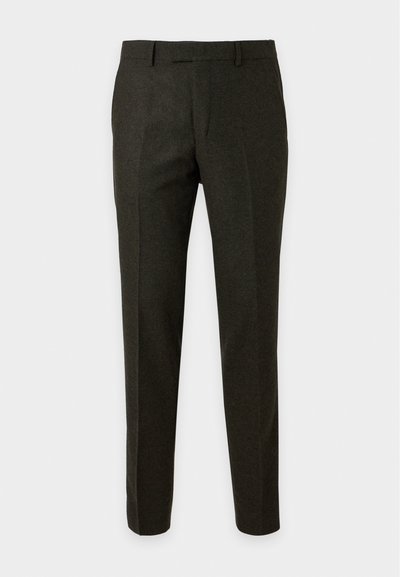 Dark gray slim-fit men's trousers with belt loops and a flat front, displayed on a plain light background.