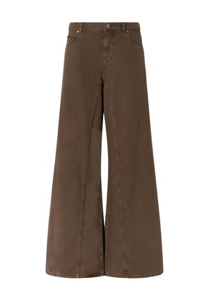Jeans marroni a vita alta e gamba larga con bottone e cerniera frontali, caratterizzati da un classico taglio con cinque tasche e dettagli a cuciture visibili.