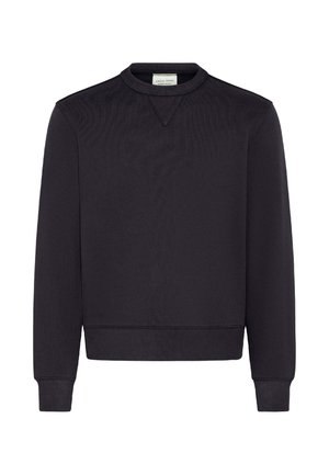 Črna majica s kapuco z dolgimi rokavi, okroglim izrezom, rebrastimi manšetami in robom, izdelana iz mehke tkanine z nežno teksturo.