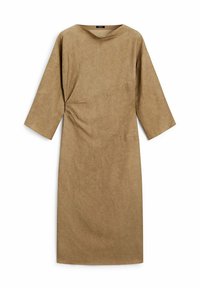 Robe marron longueur genoux avec une coupe décontractée, manches larges 3/4, encolure en V et un léger détail de fronces sur le côté. Confectionnée en tissu texturé.