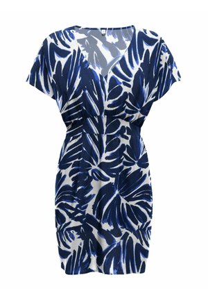 Vestito a maniche corte con motivo di foglie tropicali blu e bianche, scollo a V e vita aderente, lunghezza al ginocchio.