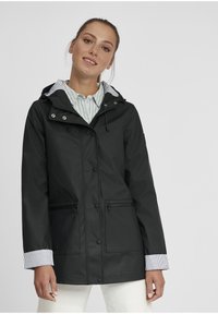 Black waterproof jacket with a hood, striped inner lining, button closures, and two front zip pockets. Features a relaxed fit and contrasting cuffs.