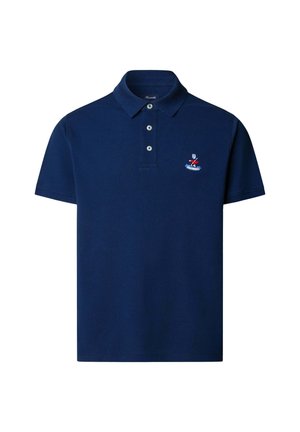 Granatowa koszulka polo wykonana z bawełny, z klasycznym kołnierzykiem, zapięciem na trzy guziki, krótkimi rękawami oraz haftowanym logo na piersi.
