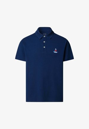 Granatowa koszulka polo wykonana z bawełny, z klasycznym kołnierzykiem, zapięciem na trzy guziki, krótkimi rękawami oraz haftowanym logo na piersi.