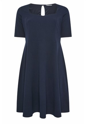 Vestito blu navy a maniche corte con scollo quadrato e dettaglio a goccia sul retro, gonna svasata, lunghezza al ginocchio.