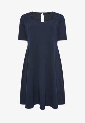 Mørkeblå kjole med korte ærmer, firkantet halsudskæring og nøglehulssdetail på ryggen, udvidet nederdel, knælængde.