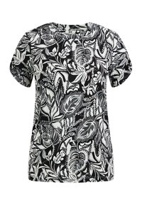 Tričko s krátkým rukávem v černobílé barvě s květinovým potiskem, kulatým výstřihem, obsahující listový vzor a hladkou texturu látky.