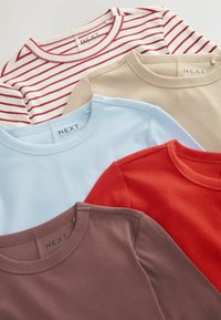 Five t-shirts displayed: one red striped, one beige, one light blue, one red, and one brown; all with ribbed texture and crew neck design.