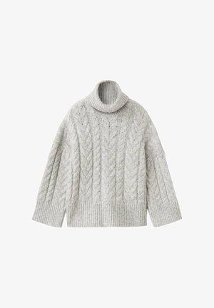 Pulover tricotat grosier, gri deschis, cu guler înalt tip maletă, umeri căzuți și tiv cu dungi elastice. Prezintă un fir gros și texturat.