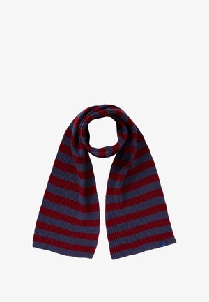 Sciarpa lavorata a maglia con strisce orizzontali alternate di rosso scuro e grigio. Texture morbida con un design ad anelli e un'etichetta blu a un'estremità.