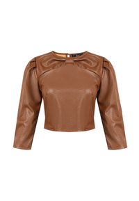 Brauner Kunstleder-Cropped-Top mit langen Ärmeln, das über einen runden Ausschnitt und subtile gepuffte Schulterdetails verfügt. Glatte Textur, minimalistisches Design.