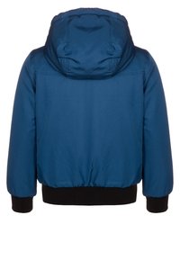 Blå, hooded jacka gjord av texturerat material med elastiska ärmslut och nederkant, med en solid svart midja. Bakvy visas.