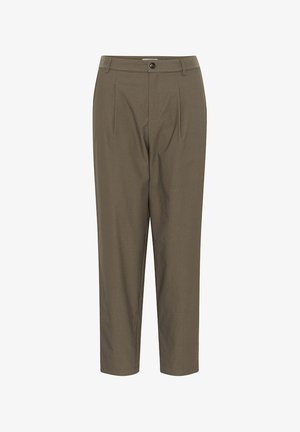 Olivgrüne Hose aus glattem Stoff mit Knopfverschluss vorne, Falten und tailliertem Knöchellängen-Design.