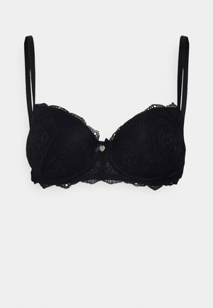 Black lace balconette bra with padded cups, adjustable straps, and scalloped edges. Features a metallic accent at the center front.