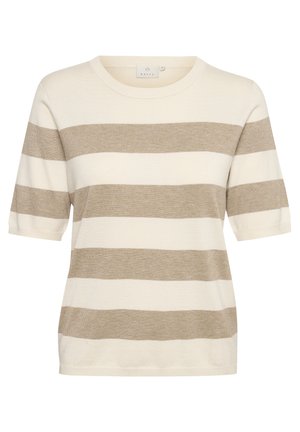 Tricou tricotat cu dungi în crem și bej, cu mâneci scurte, guler rotund și croială lejeră; textură moale și material ușor.