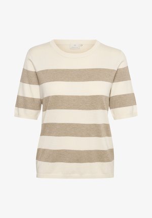 Tricou tricotat cu dungi în crem și bej, cu mâneci scurte, guler rotund și croială lejeră; textură moale și material ușor.