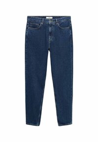 Jeans de mezclilla azul oscuro con un diseño de pierna recta, cinco bolsillos, detalles de costura sutiles y un cierre de cremallera. Textura suave.