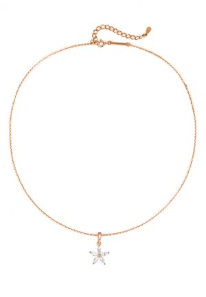 Halskette in Goldoptik mit einer zarten Kette und einem sternförmigen Anhänger, der fünf markasiten-förmige klare Steine enthält. Verlängerbarer Verschluss auf der Rückseite.