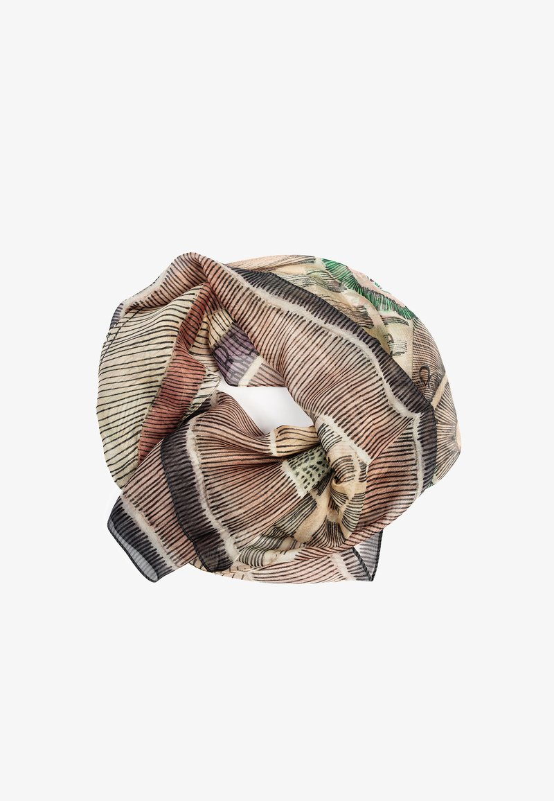 Sciarpa leggera e patterned in tonalità pastello; presenta una combinazione di design floreali e geometrici. Tessuto morbido e trasparente con bordi delicati.