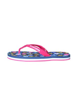 Infradito con motivo floreale blu, cinturini rosa e logo Converse a forma di stella bianco sul cinturino, vista laterale su sfondo bianco.