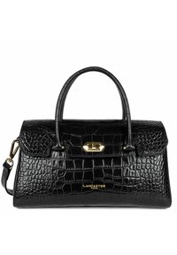 Borsa in pelle nera con stampa a coccodrillo, dalla forma strutturata, con manici superiori doppi, hardware dorato e chiusura a scatto.