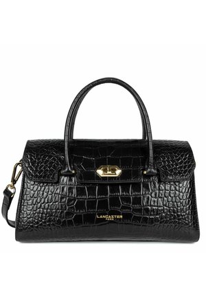 Borsa in pelle nera con stampa a coccodrillo, dalla forma strutturata, con manici superiori doppi, hardware dorato e chiusura a scatto.