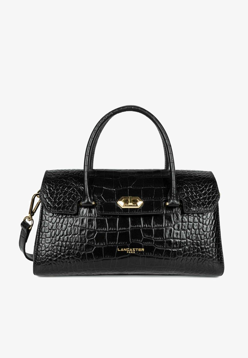 Borsa in pelle nera con stampa a coccodrillo, dalla forma strutturata, con manici superiori doppi, hardware dorato e chiusura a scatto.