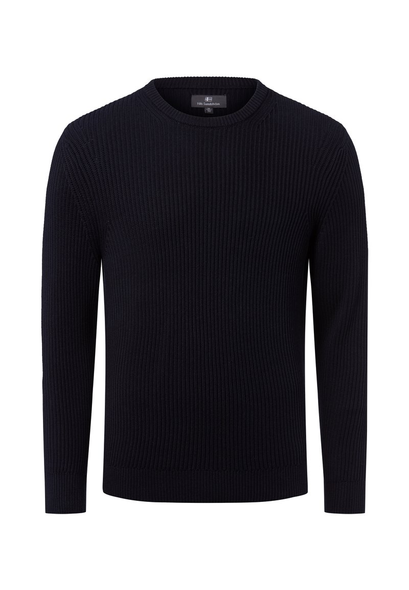 Marineblauer, gerippter Strickpullover mit langen Ärmeln und Rundhalskragen. Verfügt über eine strukturierte Oberfläche und einen geraden Saum.