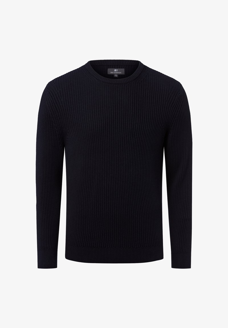 Marineblauer, gerippter Strickpullover mit langen Ärmeln und Rundhalskragen. Verfügt über eine strukturierte Oberfläche und einen geraden Saum.