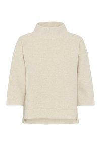 Beige fleece sweater med høj krave og trekvart�ærmer. Har en afslappet pasform og slidser i siderne ved kanten.
