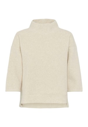 Beige, fleece sweater with a high collar and three-quarter length sleeves. Features a relaxed fit and side slits at the hem.