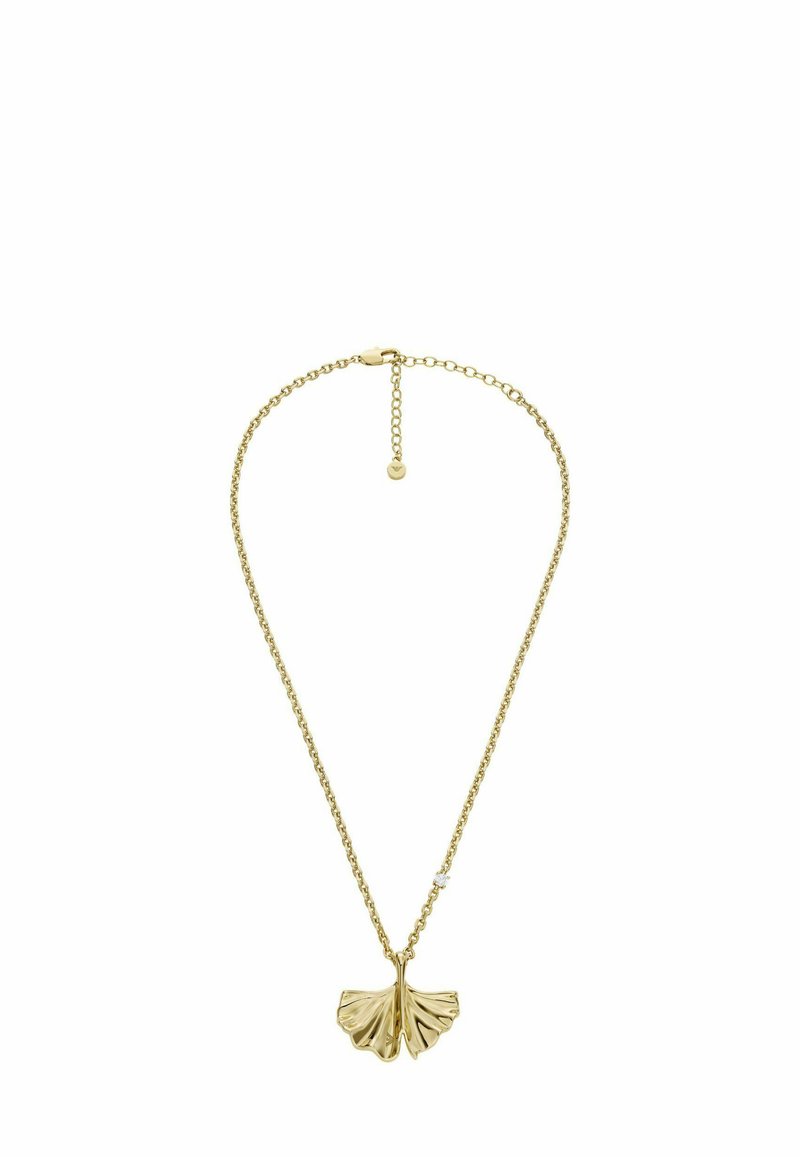 Zelts kaklarota ar smalku ķēdi un ginkgo lapas piekari, kuram ir sarežģīta gofrēšana. Pabeigta ar mazu akcentu detalizāciju tuvāk aizdarei.
