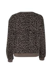 Sweatshirt avec imprimé léopard, présentant une base marron neutre avec des taches noires. Il a une coupe décontractée, un col rond et des poignets côtelés.