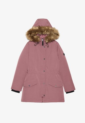 Manteau parka rose avec capuche en fausse fourrure, cordon de serrage ajustable, boutons-pression et deux poches avant, présentant une texture de tissu mat.