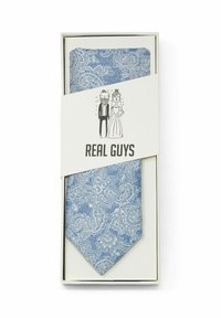 Blaues Paisley-musteriertes Halsband in weißer Schachtel mit weißem Etikett, das einen Cartoon-Bräutigam und eine Cartoon-Braut sowie den Text "ECHTE KERLE" zeigt.