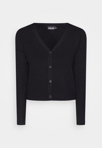 Cárdigan negro con canalé, con escote en V, mangas largas y seis botones frontales. Hecho de un material suave y texturizado, presenta una silueta ajustada.