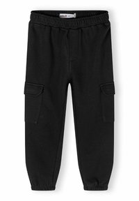 Zwarte sweatpants gemaakt van zachte stof hebben een elastische tailleband, taps toelopende boorden en twee zijcargo zakken voor opslag.