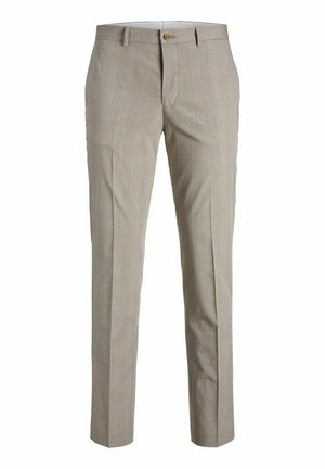 Beige plaid trousers with a straight-leg cut, featuring a single button closure and front pockets, made from a lightweight fabric.